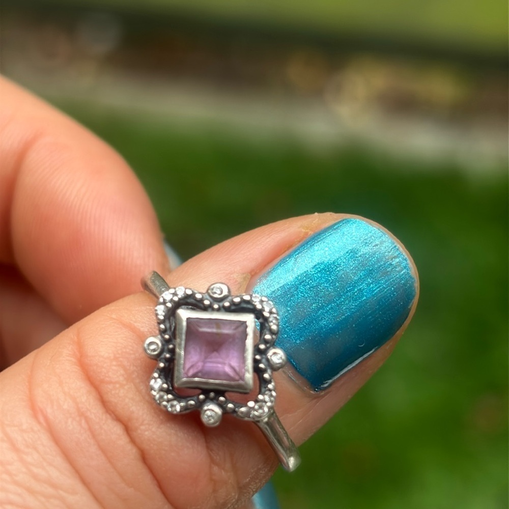 VINTAGE 925 Sterling Silver Amethyst Ring Size 9 RJ Maker Mark Square Cut Boho